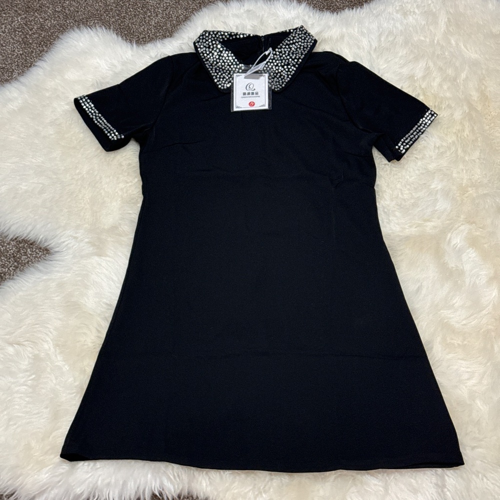 New Women Collar Short Sleeve Silver Crystal Stone Embroidered Black Mini Dress